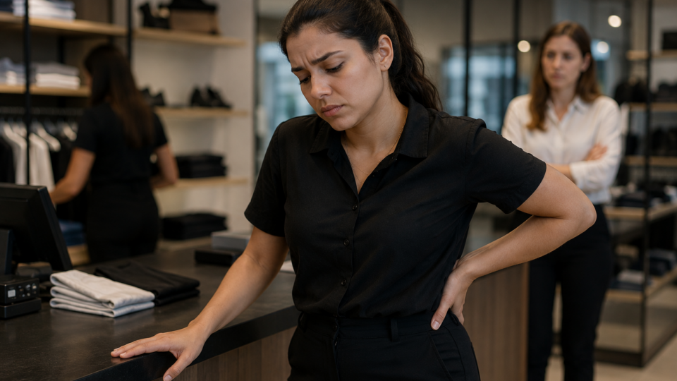 Mulher trabalhando em uma loja permanece em pé atrás do balcão, demonstrando dor nas costas e cansaço durante o expediente, enquanto colegas aparecem ao fundo em um ambiente comercial moderno.
