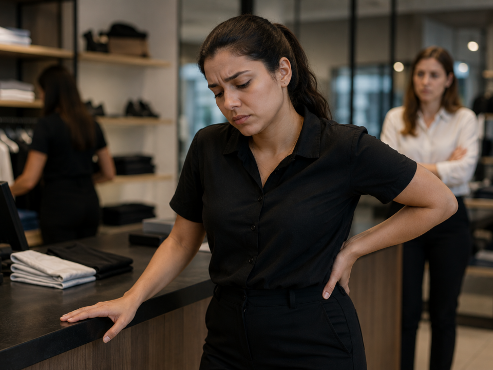 Mulher trabalhando em uma loja permanece em pé atrás do balcão, demonstrando dor nas costas e cansaço durante o expediente, enquanto colegas aparecem ao fundo em um ambiente comercial moderno.