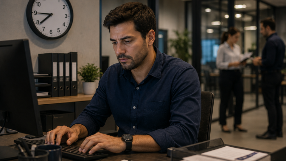 Trabalhador sentado em sua estação de trabalho antes do início oficial do expediente, utilizando o computador enquanto um relógio na parede marca 7h45. Ao fundo, colegas circulam pelo escritório, indicando que a preparação para o trabalho já começou.