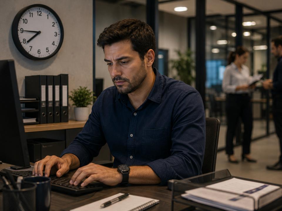 Trabalhador sentado em sua estação de trabalho antes do início oficial do expediente, utilizando o computador enquanto um relógio na parede marca 7h45. Ao fundo, colegas circulam pelo escritório, indicando que a preparação para o trabalho já começou.