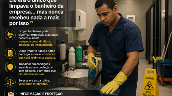 Trabalhador utilizando luvas e produtos de limpeza para higienizar um banheiro de uso coletivo dentro de uma empresa. A cena mostra um ambiente corporativo com equipamentos de limpeza ao lado e destaca a rotina de um funcionário que realiza a limpeza de sanitários, sugerindo a exposição a agentes insalubres. A imagem está em formato horizontal, sem textos sobrepostos.