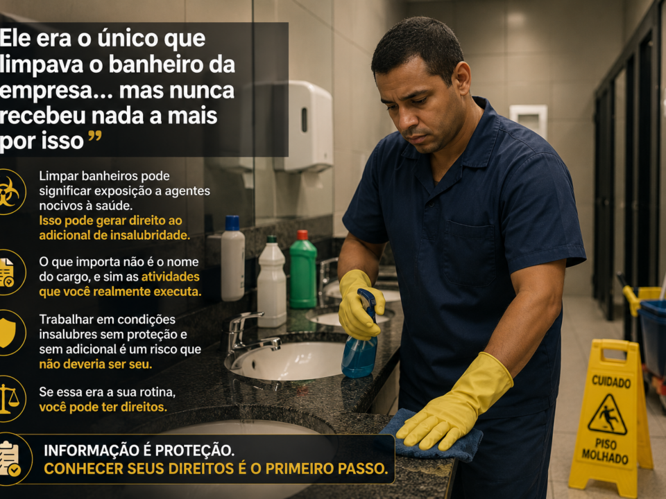 Trabalhador utilizando luvas e produtos de limpeza para higienizar um banheiro de uso coletivo dentro de uma empresa. A cena mostra um ambiente corporativo com equipamentos de limpeza ao lado e destaca a rotina de um funcionário que realiza a limpeza de sanitários, sugerindo a exposição a agentes insalubres. A imagem está em formato horizontal, sem textos sobrepostos.