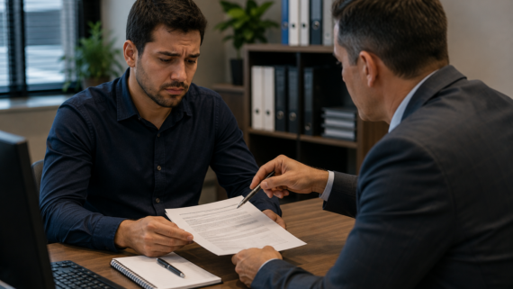 Trabalhador sentado em frente ao supervisor em uma sala de escritório, segurando um documento de advertência com expressão de dúvida e preocupação enquanto o gestor aponta o local da assinatura. O ambiente transmite tensão e formalidade, sem qualquer texto visível na imagem.
