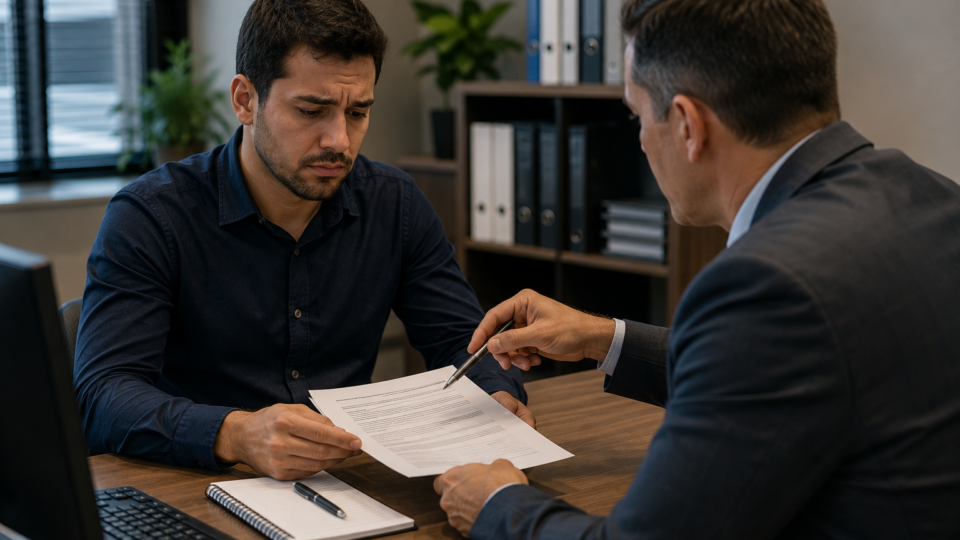 Trabalhador sentado em frente ao supervisor em uma sala de escritório, segurando um documento de advertência com expressão de dúvida e preocupação enquanto o gestor aponta o local da assinatura. O ambiente transmite tensão e formalidade, sem qualquer texto visível na imagem.