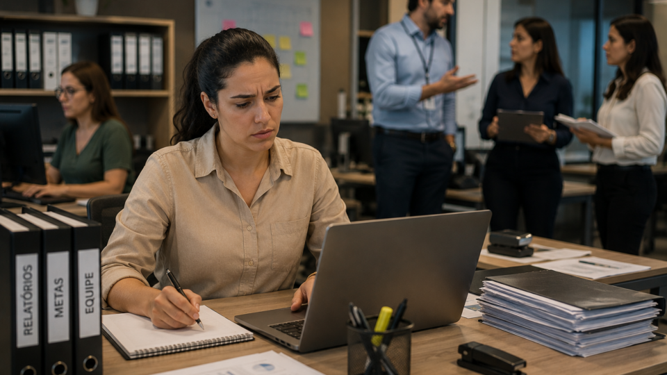 Mulher trabalha concentrada em um escritório moderno, cercada por documentos, notebook e materiais de trabalho, enquanto colegas conversam ao fundo. A cena transmite a sensação de que ela assume responsabilidades superiores ao cargo para o qual foi contratada.