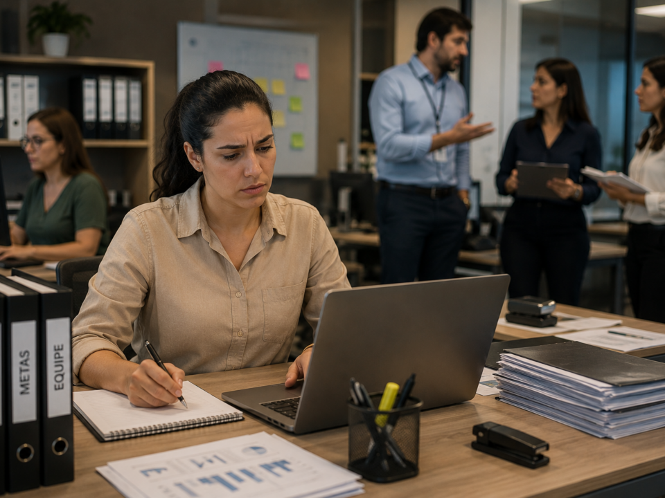 Mulher trabalha concentrada em um escritório moderno, cercada por documentos, notebook e materiais de trabalho, enquanto colegas conversam ao fundo. A cena transmite a sensação de que ela assume responsabilidades superiores ao cargo para o qual foi contratada.