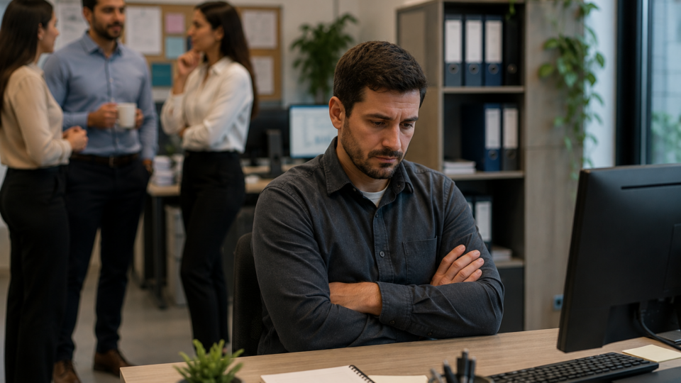 Funcionário sentado sozinho em sua mesa de trabalho, com expressão de desânimo, enquanto colegas conversam ao fundo sem incluí-lo. O ambiente corporativo moderno reforça a sensação de isolamento após o retorno ao trabalho.