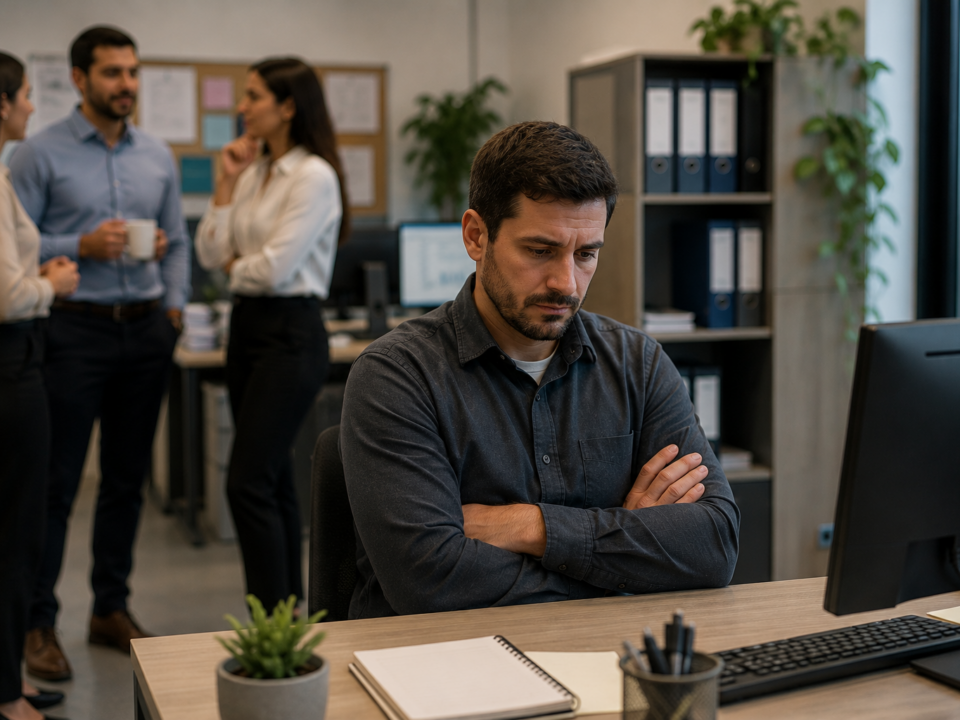 Funcionário sentado sozinho em sua mesa de trabalho, com expressão de desânimo, enquanto colegas conversam ao fundo sem incluí-lo. O ambiente corporativo moderno reforça a sensação de isolamento após o retorno ao trabalho.