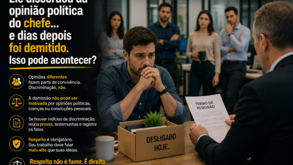 Homem sentado em uma sala de reunião da empresa, com expressão de preocupação, enquanto um gestor lhe entrega um documento de desligamento. Ao fundo, colegas observam a cena em silêncio. A composição representa uma possível demissão motivada por divergências de opinião no ambiente de trabalho, destacando os temas de discriminação, respeito e direitos do trabalhador.