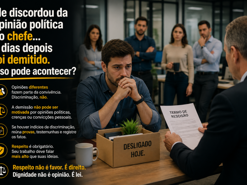 Homem sentado em uma sala de reunião da empresa, com expressão de preocupação, enquanto um gestor lhe entrega um documento de desligamento. Ao fundo, colegas observam a cena em silêncio. A composição representa uma possível demissão motivada por divergências de opinião no ambiente de trabalho, destacando os temas de discriminação, respeito e direitos do trabalhador.