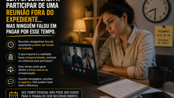 Mulher participa de uma reunião por videoconferência durante a noite, sentada diante de um notebook em sua casa, com expressão de cansaço e preocupação. Ao fundo, um relógio marca horário após o expediente e um lembrete informa uma reunião obrigatória às 19h. A cena representa o impacto de convocações profissionais fora da jornada normal de trabalho.