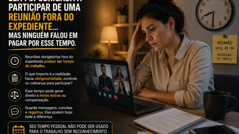 Mulher participa de uma reunião por videoconferência durante a noite, sentada diante de um notebook em sua casa, com expressão de cansaço e preocupação. Ao fundo, um relógio marca horário após o expediente e um lembrete informa uma reunião obrigatória às 19h. A cena representa o impacto de convocações profissionais fora da jornada normal de trabalho.