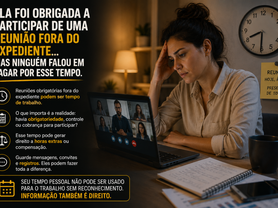 Mulher participa de uma reunião por videoconferência durante a noite, sentada diante de um notebook em sua casa, com expressão de cansaço e preocupação. Ao fundo, um relógio marca horário após o expediente e um lembrete informa uma reunião obrigatória às 19h. A cena representa o impacto de convocações profissionais fora da jornada normal de trabalho.