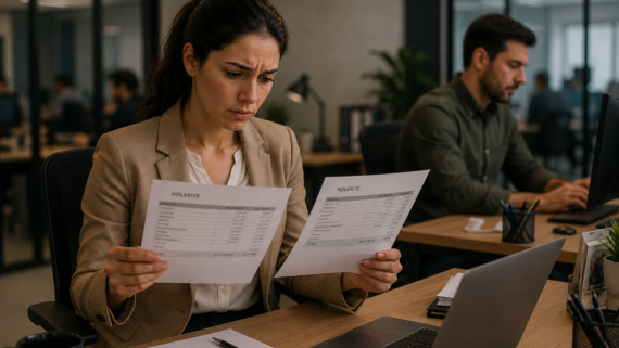 Mulher sentada em um escritório moderno compara dois holerites com expressão de preocupação, enquanto um colega trabalha ao fundo. A cena representa a descoberta de uma possível diferença salarial entre profissionais que exercem funções semelhantes.