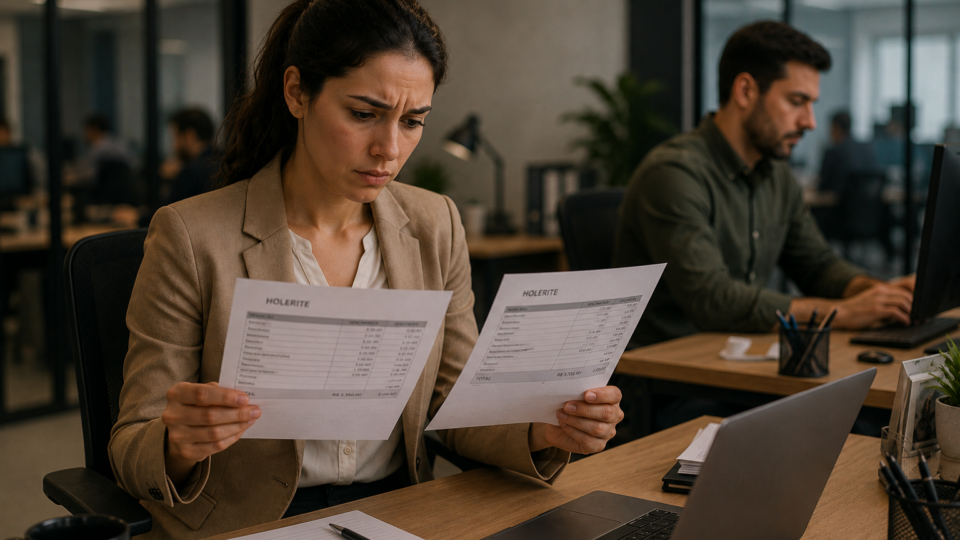 Mulher sentada em um escritório moderno compara dois holerites com expressão de preocupação, enquanto um colega trabalha ao fundo. A cena representa a descoberta de uma possível diferença salarial entre profissionais que exercem funções semelhantes.