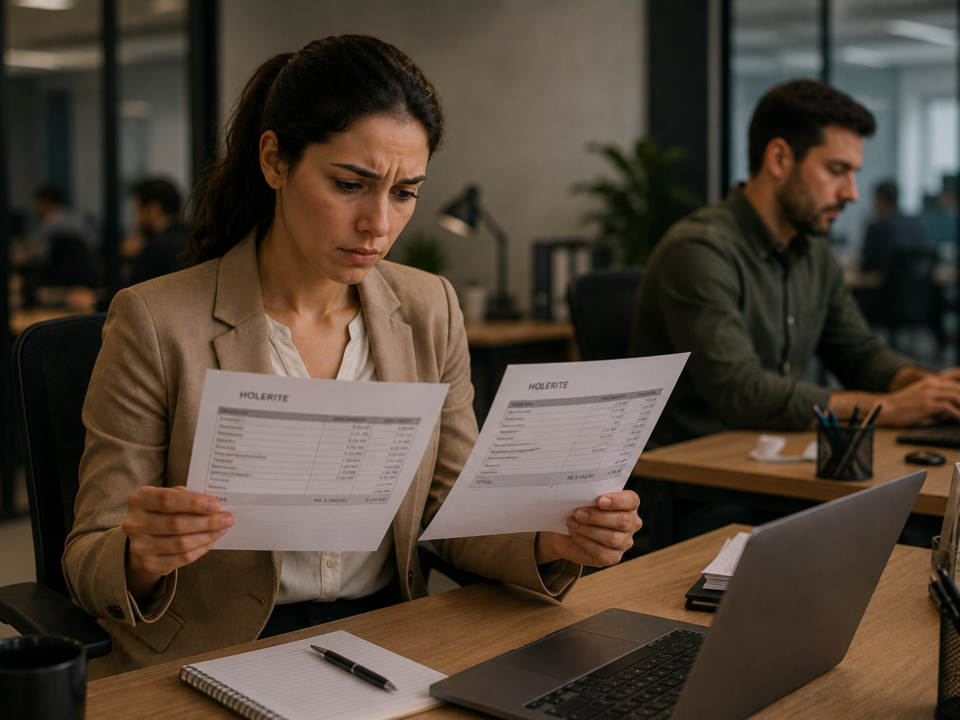Mulher sentada em um escritório moderno compara dois holerites com expressão de preocupação, enquanto um colega trabalha ao fundo. A cena representa a descoberta de uma possível diferença salarial entre profissionais que exercem funções semelhantes.