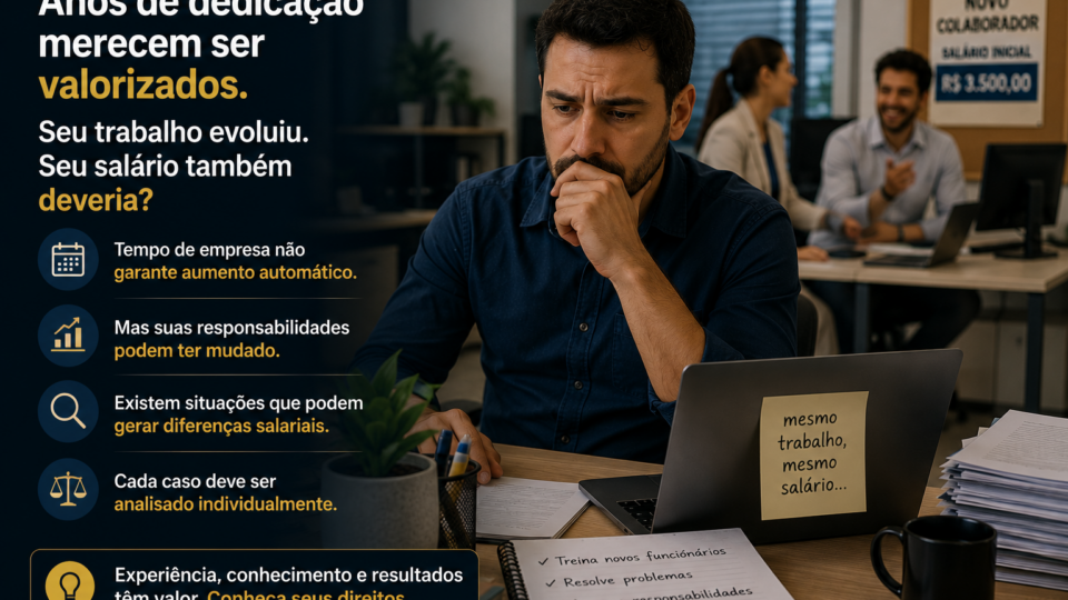 Trabalhador experiente em ambiente corporativo observa colegas mais novos desempenhando a mesma função, enquanto demonstra expressão de reflexão e preocupação. A cena transmite a sensação de estagnação profissional, valorizando o contraste entre experiência acumulada e falta de reconhecimento salarial, em um escritório moderno e iluminado.