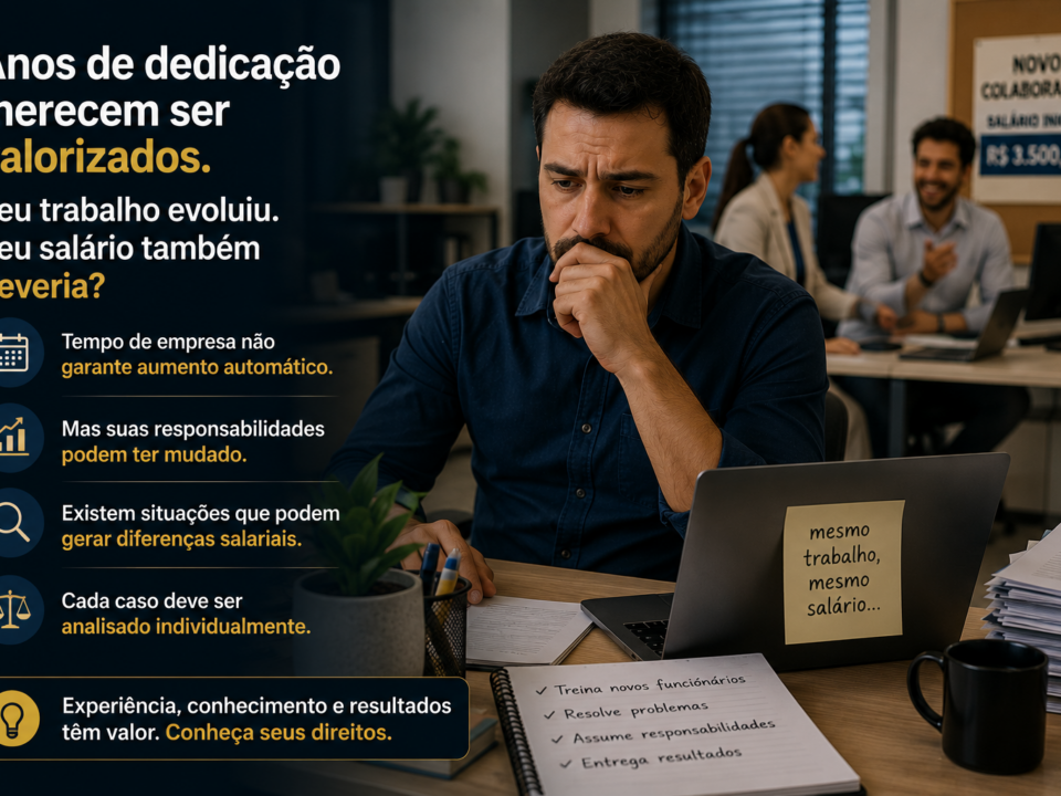 Trabalhador experiente em ambiente corporativo observa colegas mais novos desempenhando a mesma função, enquanto demonstra expressão de reflexão e preocupação. A cena transmite a sensação de estagnação profissional, valorizando o contraste entre experiência acumulada e falta de reconhecimento salarial, em um escritório moderno e iluminado.