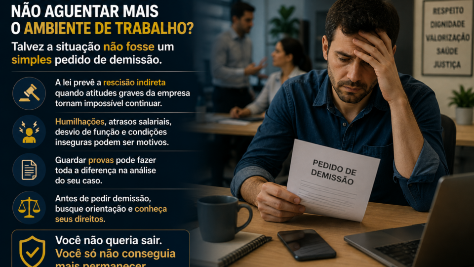 Trabalhador sentado em casa, com expressão de exaustão e preocupação, segura um pedido de demissão enquanto observa o documento em silêncio. Ao fundo, o ambiente transmite um clima de desgaste emocional, representando a difícil decisão de deixar o emprego após enfrentar um ambiente de trabalho hostil.
