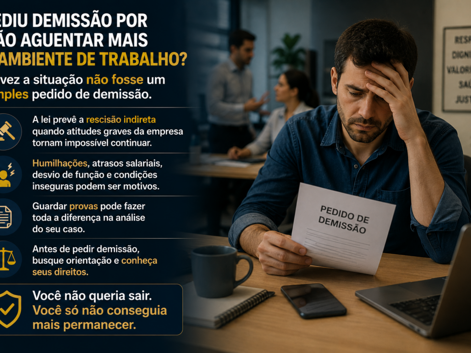 Trabalhador sentado em casa, com expressão de exaustão e preocupação, segura um pedido de demissão enquanto observa o documento em silêncio. Ao fundo, o ambiente transmite um clima de desgaste emocional, representando a difícil decisão de deixar o emprego após enfrentar um ambiente de trabalho hostil.