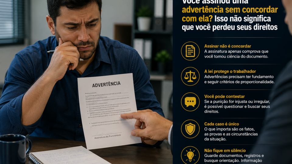 Trabalhador sentado em uma sala de recursos humanos observa uma advertência disciplinar com expressão de preocupação, enquanto um representante da empresa aponta para o documento sobre a mesa. O ambiente corporativo transmite um clima de tensão e incerteza, simbolizando a dúvida sobre a assinatura de uma advertência e os direitos do empregado.