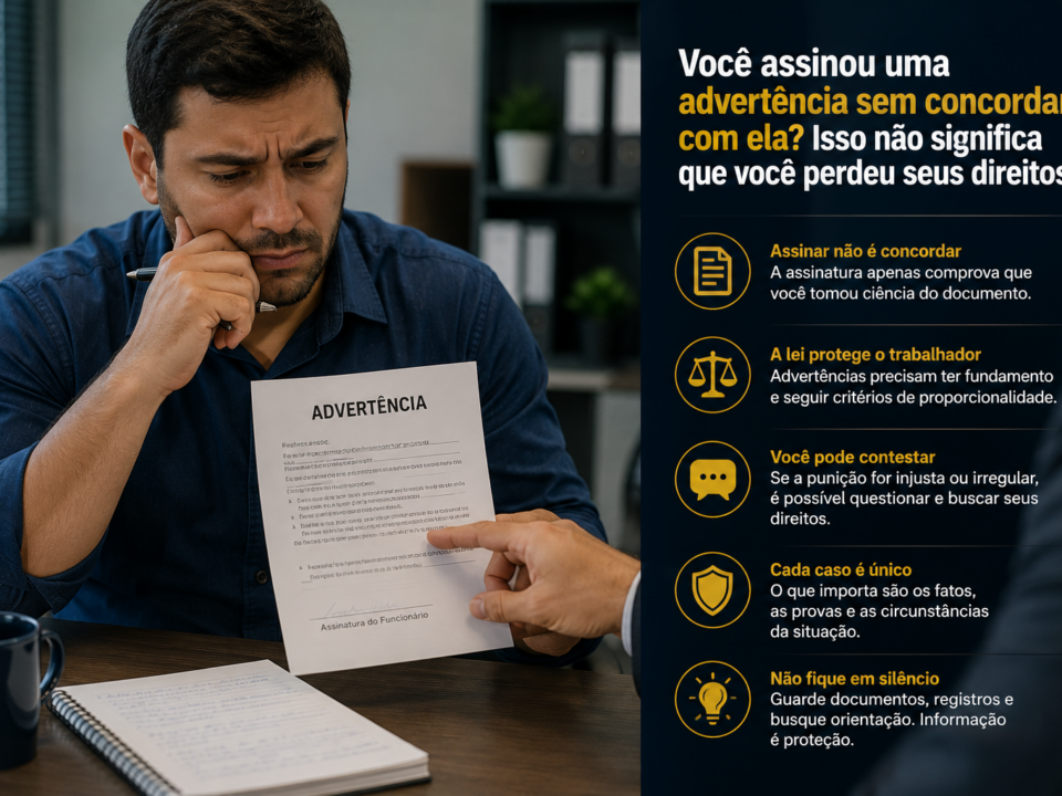 Trabalhador sentado em uma sala de recursos humanos observa uma advertência disciplinar com expressão de preocupação, enquanto um representante da empresa aponta para o documento sobre a mesa. O ambiente corporativo transmite um clima de tensão e incerteza, simbolizando a dúvida sobre a assinatura de uma advertência e os direitos do empregado.