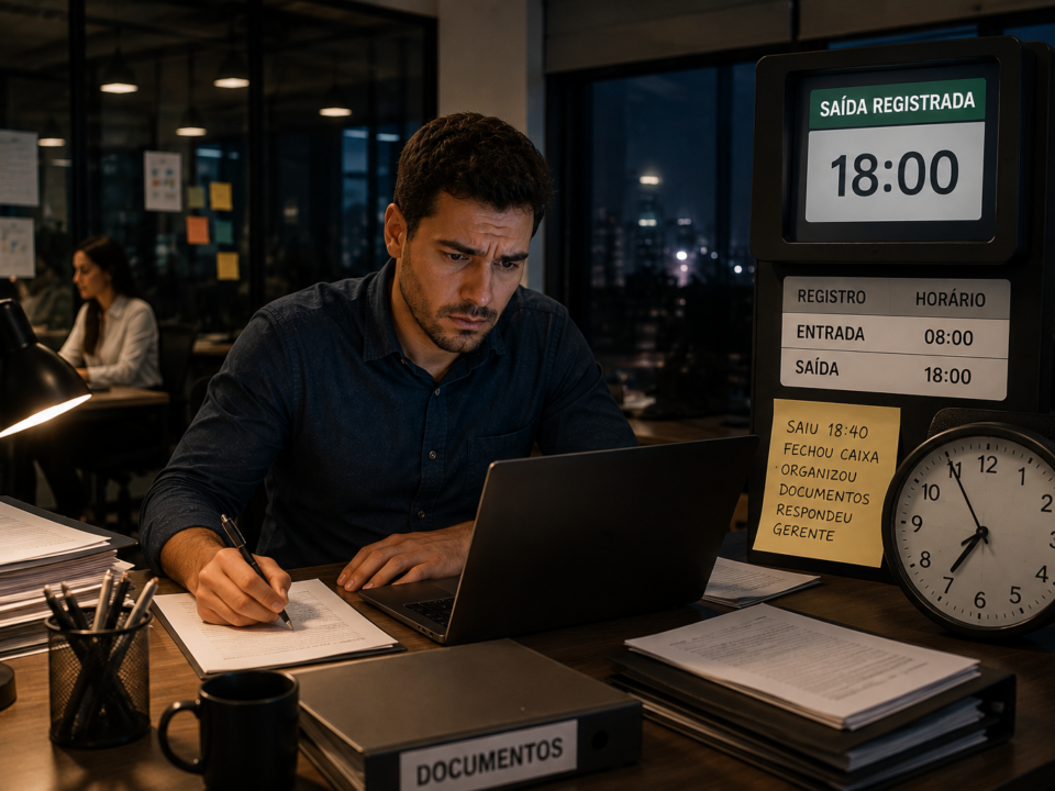 Homem continua trabalhando em um escritório à noite, mesmo após registrar a saída às 18h. Ao lado dele, um painel mostra o horário registrado e um relógio próximo das 19h, representando a realização de horas extras não registradas.