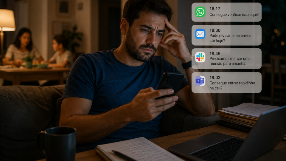Homem sentado no sofá de casa durante a noite, olhando preocupado para o celular enquanto recebe várias mensagens de trabalho após o expediente. Ao fundo, sua família está reunida à mesa, mostrando a interferência do trabalho na vida pessoal.