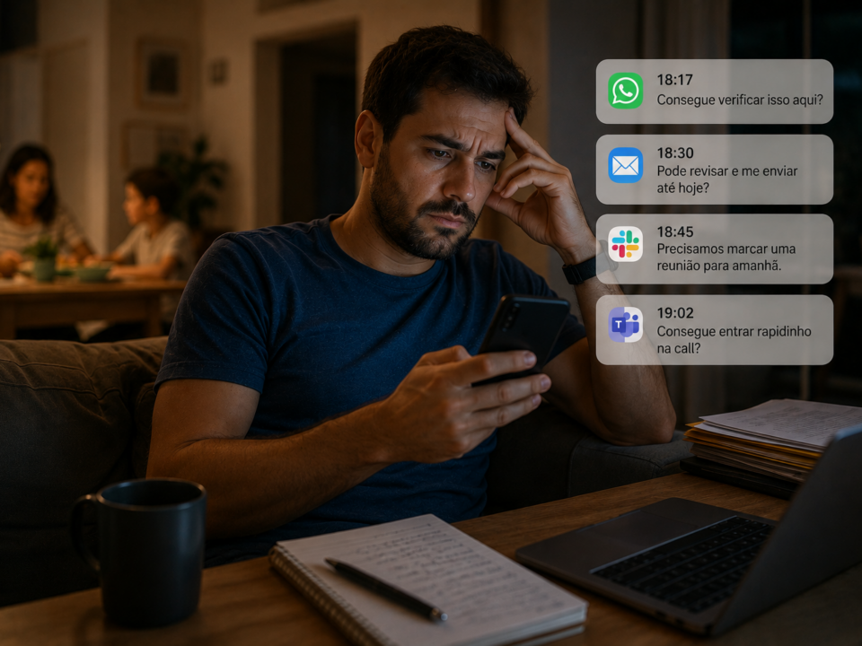 Homem sentado no sofá de casa durante a noite, olhando preocupado para o celular enquanto recebe várias mensagens de trabalho após o expediente. Ao fundo, sua família está reunida à mesa, mostrando a interferência do trabalho na vida pessoal.