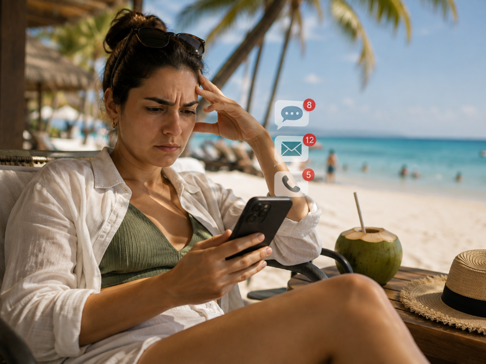 Mulher sentada em uma cadeira de praia durante as férias, olhando preocupada para o celular enquanto recebe diversas notificações de mensagens, e-mails e ligações de trabalho. Ao fundo, o cenário paradisíaco contrasta com a expressão de preocupação, simbolizando a dificuldade de se desconectar da empresa durante o período de descanso.