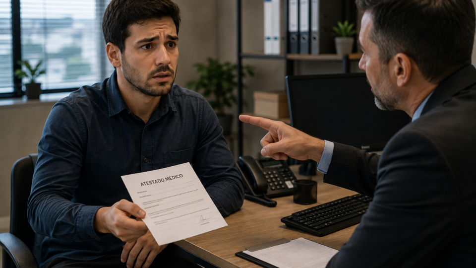Trabalhador com expressão de preocupação entrega um atestado médico ao supervisor em um escritório, enquanto o gestor aponta o dedo de forma intimidadora. O ambiente corporativo transmite tensão, representando o medo de sofrer represálias ao apresentar um documento que justifica a ausência por motivo de saúde.