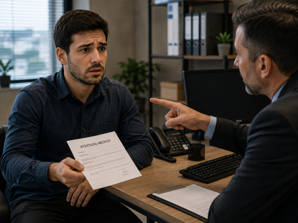 Trabalhador com expressão de preocupação entrega um atestado médico ao supervisor em um escritório, enquanto o gestor aponta o dedo de forma intimidadora. O ambiente corporativo transmite tensão, representando o medo de sofrer represálias ao apresentar um documento que justifica a ausência por motivo de saúde.