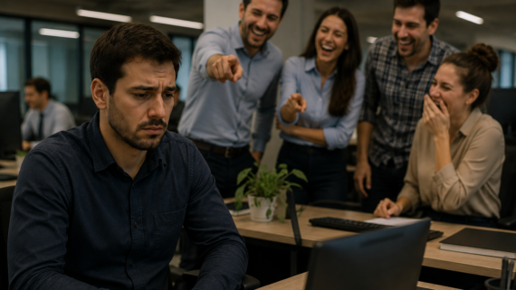 Homem sentado em sua estação de trabalho, com expressão abatida e olhar voltado para o computador, enquanto um grupo de colegas, ao fundo, ri e aponta em sua direção. O ambiente corporativo transmite isolamento, constrangimento e humilhação, representando uma situação de possível assédio moral no trabalho.