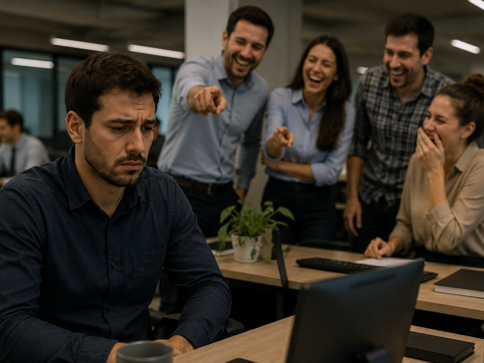Homem sentado em sua estação de trabalho, com expressão abatida e olhar voltado para o computador, enquanto um grupo de colegas, ao fundo, ri e aponta em sua direção. O ambiente corporativo transmite isolamento, constrangimento e humilhação, representando uma situação de possível assédio moral no trabalho.